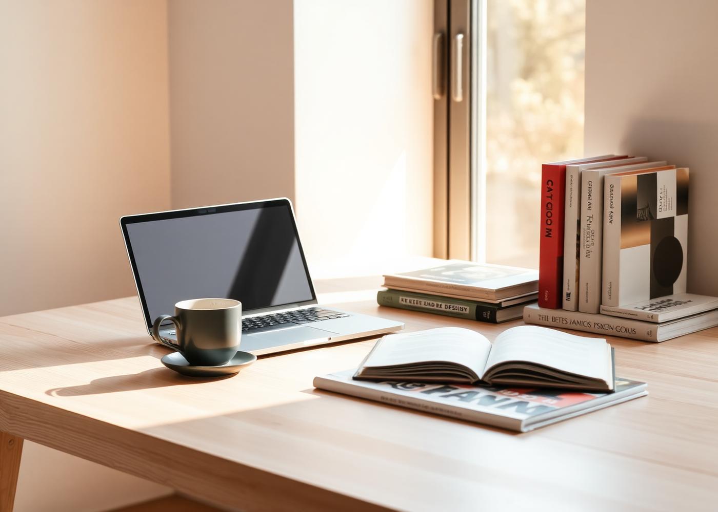 A workspace with laptop, notebook and design books
